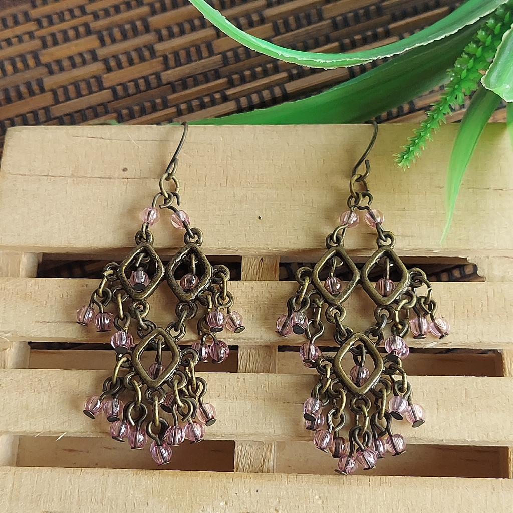 E2666 Antiqued Tiny Beaded Chandelier Dangle Drop Earrings